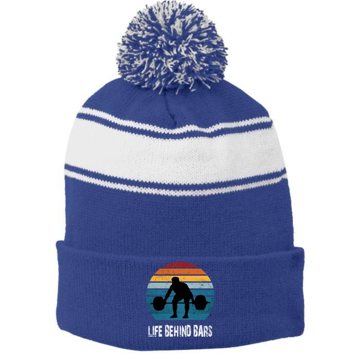 Life Behind Bars Funny Powerlifting Weightlifting Vintage Meaningful Gift Stripe Pom Pom Beanie