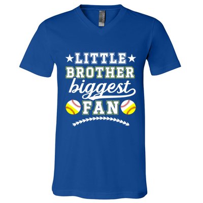 Little Brother Biggest Fan Softball Baseball Brother Gift V-Neck T-Shirt