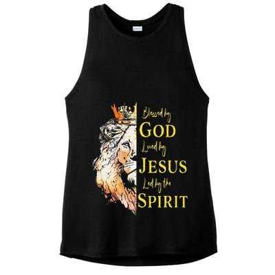 Lion Blessed By God Loved By Jesus Led Buy The Spirit Ladies PosiCharge Tri-Blend Wicking Tank
