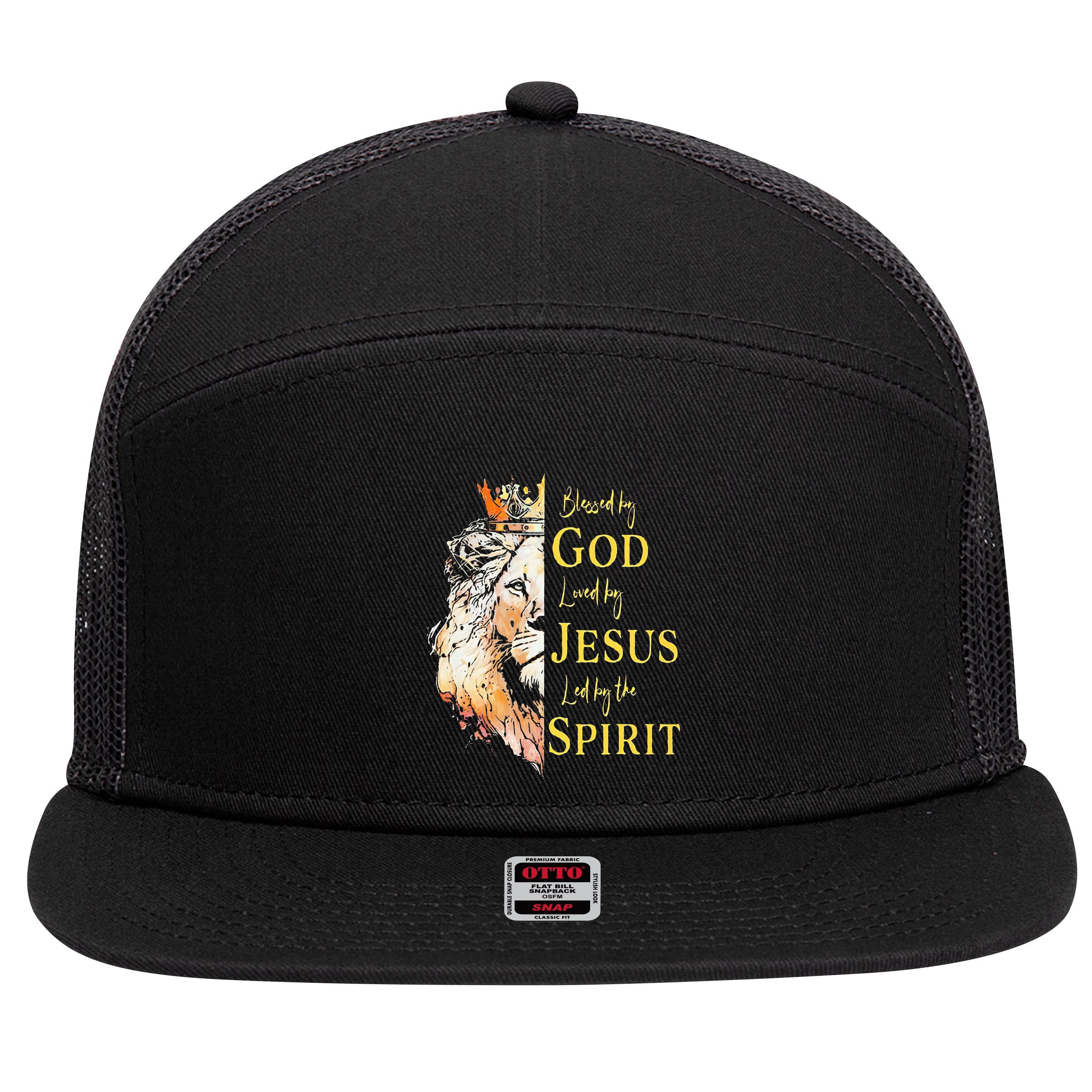 Lion Blessed By God Loved By Jesus Led Buy The Spirit 7 Panel Mesh Trucker Snapback Hat