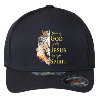 Lion Blessed By God Loved By Jesus Led Buy The Spirit Flexfit Unipanel Trucker Cap