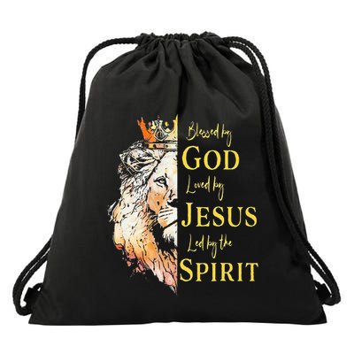 Lion Blessed By God Loved By Jesus Led Buy The Spirit Drawstring Bag