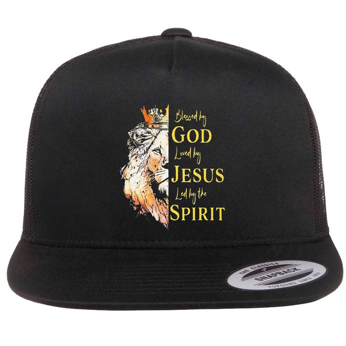 Lion Blessed By God Loved By Jesus Led Buy The Spirit Flat Bill Trucker Hat