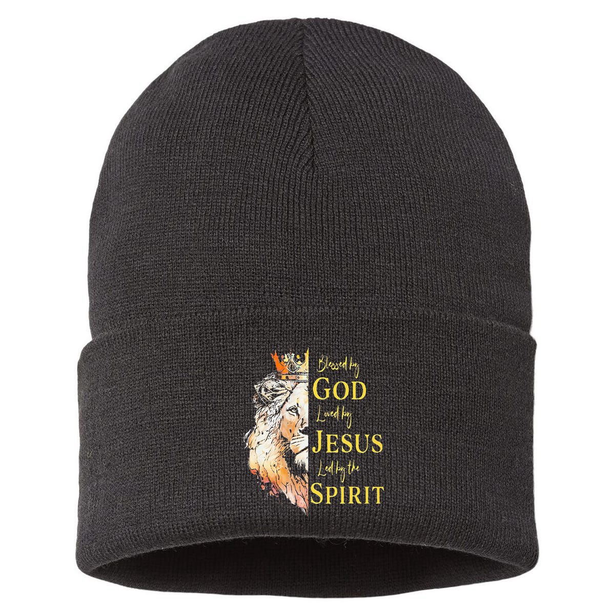 Lion Blessed By God Loved By Jesus Led Buy The Spirit Sustainable Knit Beanie