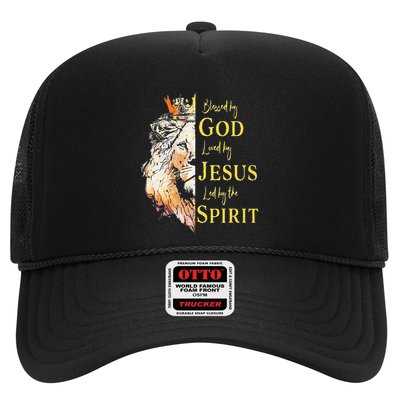 Lion Blessed By God Loved By Jesus Led Buy The Spirit Trucker Hat
