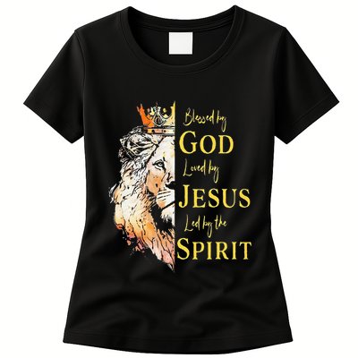 Lion Blessed By God Loved By Jesus Led Buy The Spirit Womens T-Shirt