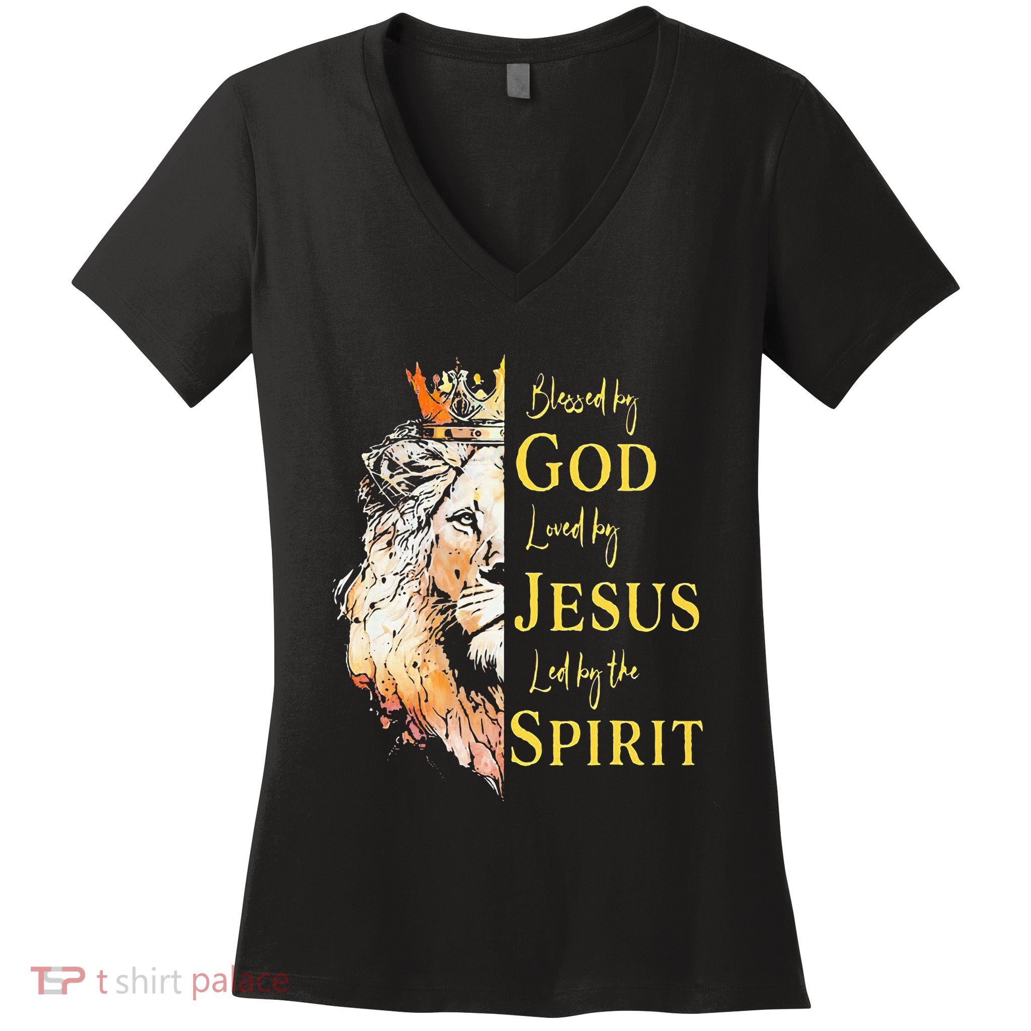 Lion Blessed By God Loved By Jesus Led Buy The Spirit Women's V-Neck T-Shirt