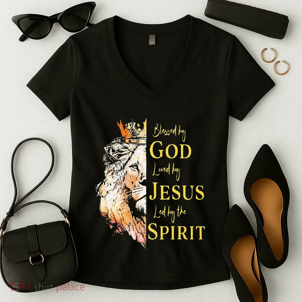 Lion Blessed By God Loved By Jesus Led Buy The Spirit Women's V-Neck T-Shirt