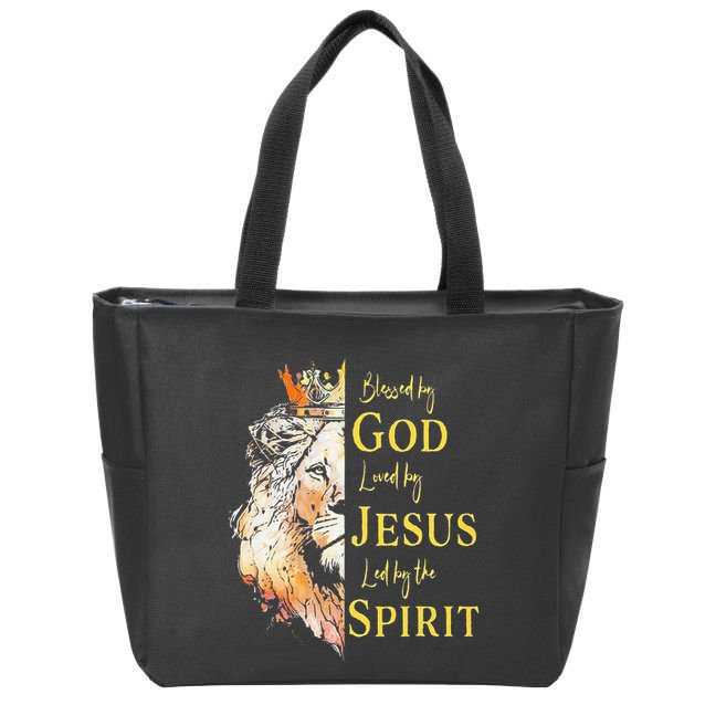 Lion Blessed By God Loved By Jesus Led Buy The Spirit Zip Tote Bag