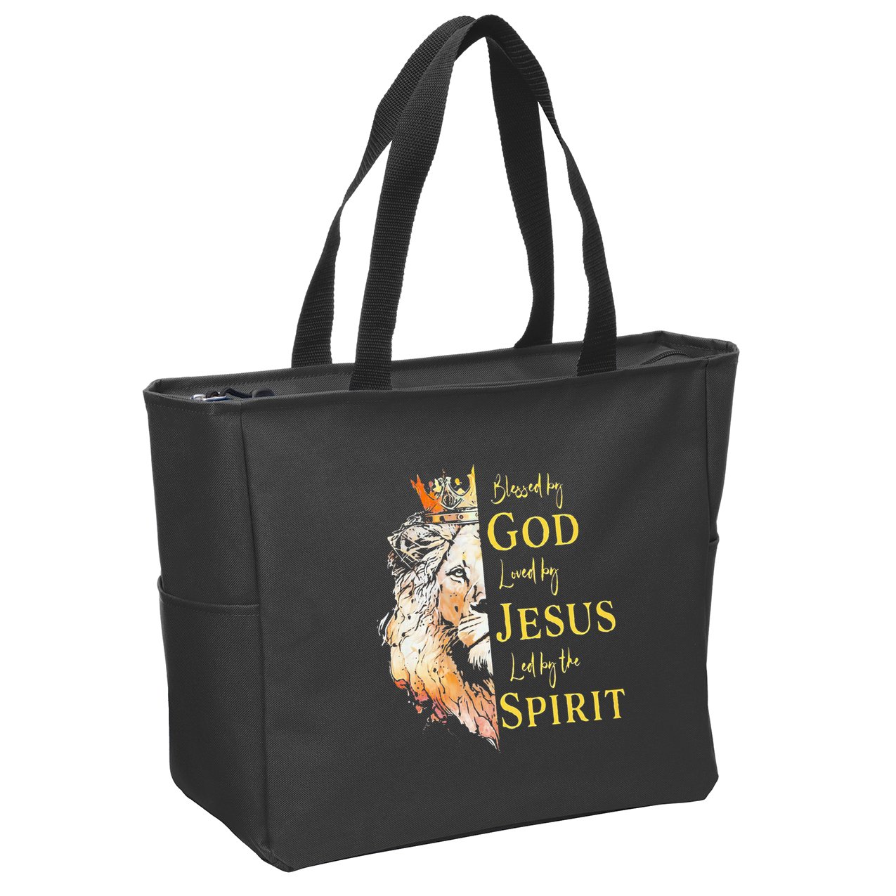 Lion Blessed By God Loved By Jesus Led Buy The Spirit Zip Tote Bag