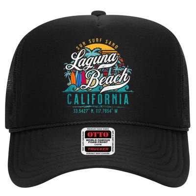 Laguna Beach California Retro Sun Sand Surf Palm Trees High Crown Mesh Back Trucker Hat