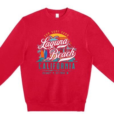 Laguna Beach California Retro Sun Sand Surf Palm Trees Premium Crewneck Sweatshirt