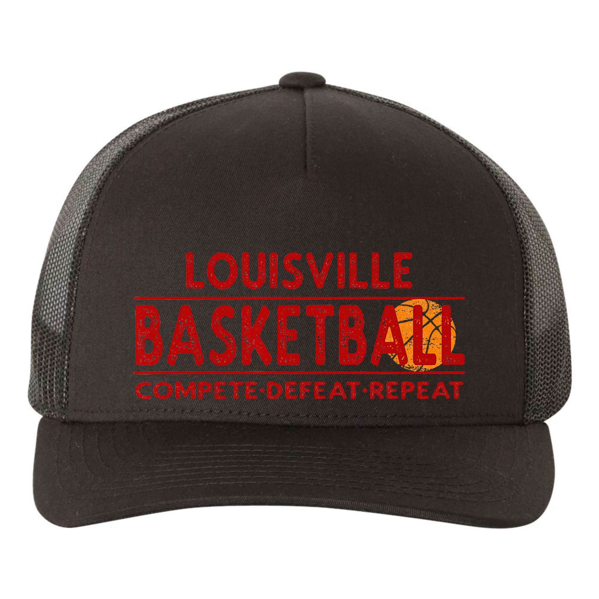 Louisville Basketball Compete Defeat Repeat Yupoong Adult 5-Panel Trucker Hat