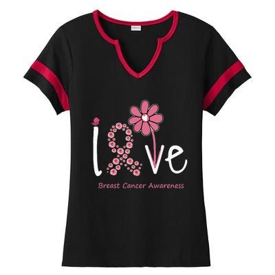 Love Breast Cancer Pink Ribbon Floral Ladies Halftime Notch Neck Tee