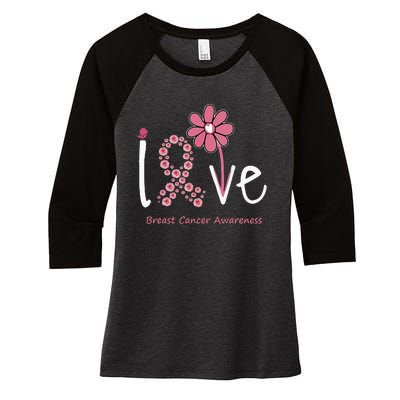 Love Breast Cancer Pink Ribbon Floral Women's Tri-Blend 3/4-Sleeve Raglan Shirt