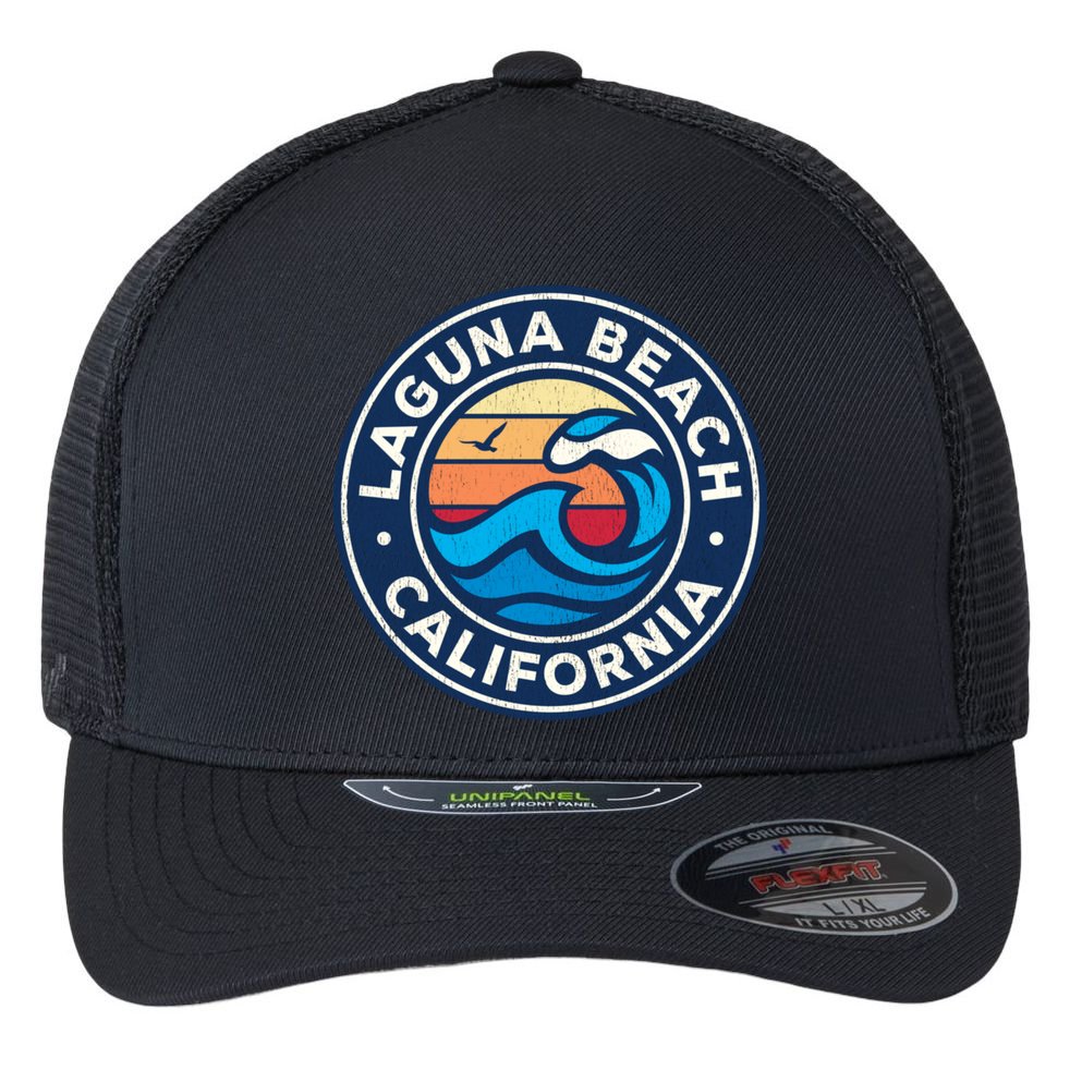Laguna Beach California Ca Vintage Nautical Waves Design Flexfit Unipanel Trucker Cap