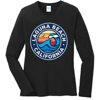 Laguna Beach California Ca Vintage Nautical Waves Design Ladies Long Sleeve Shirt