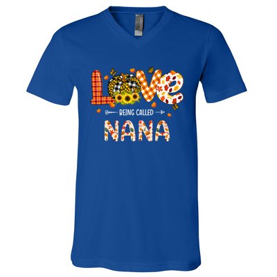 Love Being Called Nana Leopard Plaid Pumpkin Thanksgiving Gift V-Neck T-Shirt