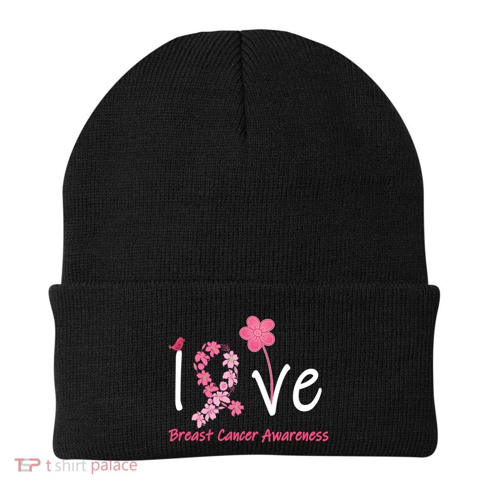 Love Breast Cancer Awareness Flower Ribbon Beanie