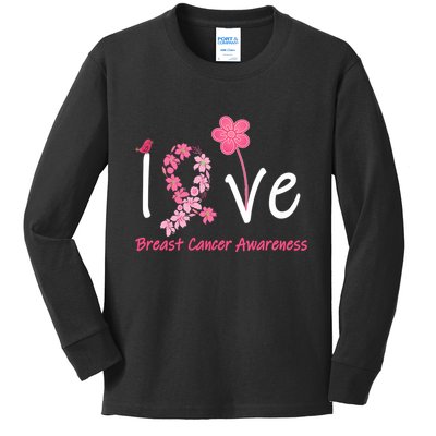 Love Breast Cancer Awareness Flower Ribbon Kids Long Sleeve Shirt