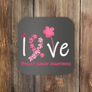 Love Breast Cancer Awareness Flower Ribbon Coaster