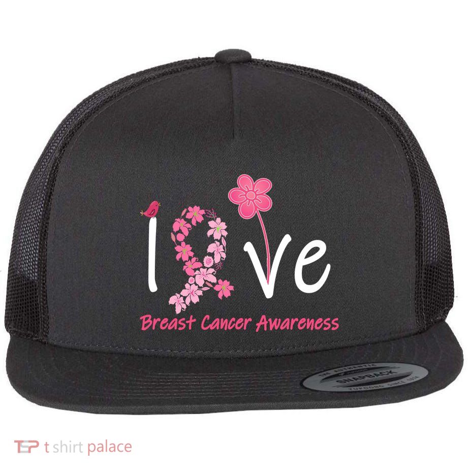 Love Breast Cancer Awareness Flower Ribbon Flatbill Hat