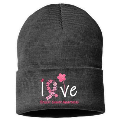 Love Breast Cancer Awareness Flower Ribbon Sustainable Knit Beanie