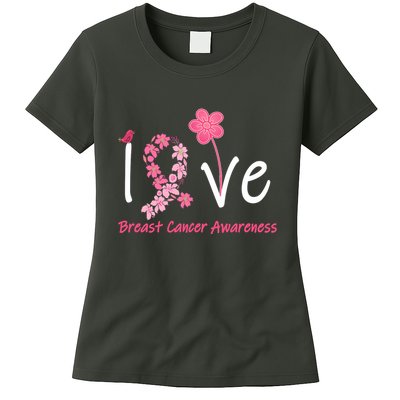 Love Breast Cancer Awareness Flower Ribbon Womens T-Shirt