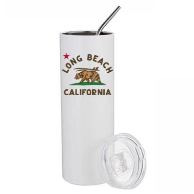 Long Beach California Beach Flag Bear Surf Ca Vintage Stainless Steel Tumbler