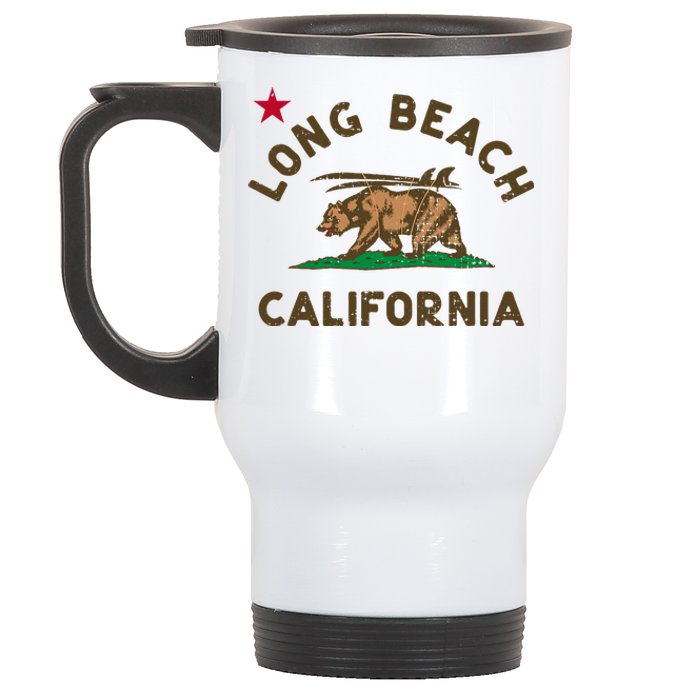 Long Beach California Beach Flag Bear Surf Ca Vintage Stainless Steel Travel Mug