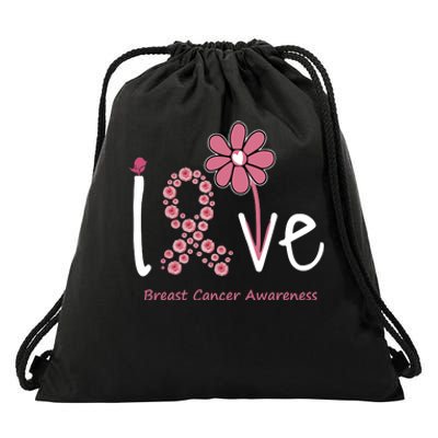 Love Breast Cancer Pink Ribbon Floral Drawstring Bag