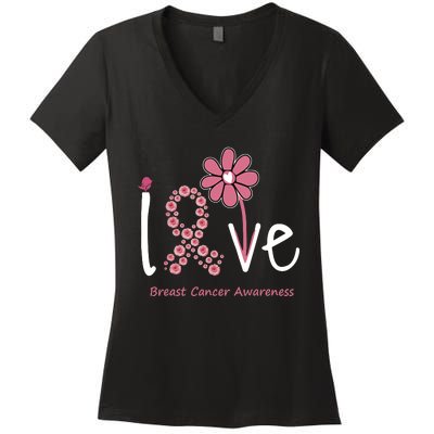 Love Breast Cancer Pink Ribbon Floral Women's V-Neck T-Shirt