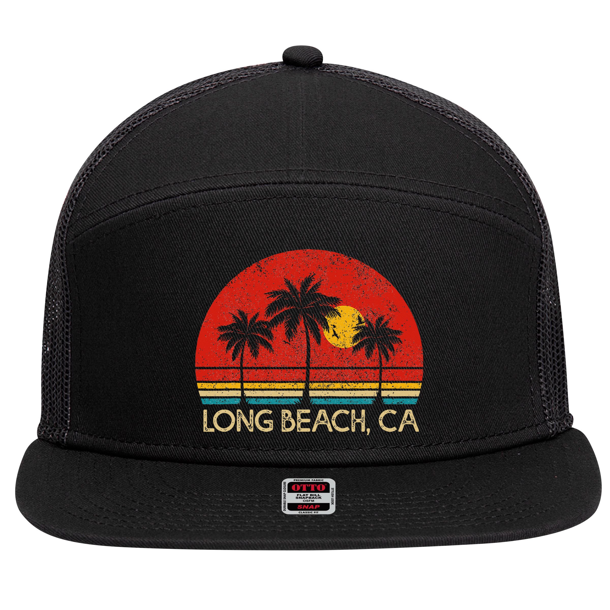 Long Beach California CA Surfer Retro Sunset Vintage 7 Panel Mesh Trucker Snapback Hat
