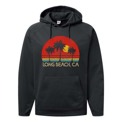 Long Beach California CA Surfer Retro Sunset Vintage Performance Fleece Hoodie