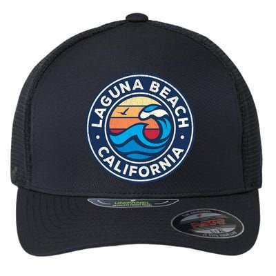 Laguna Beach California Ca Vintage Nautical Waves Design Flexfit Unipanel Trucker Cap