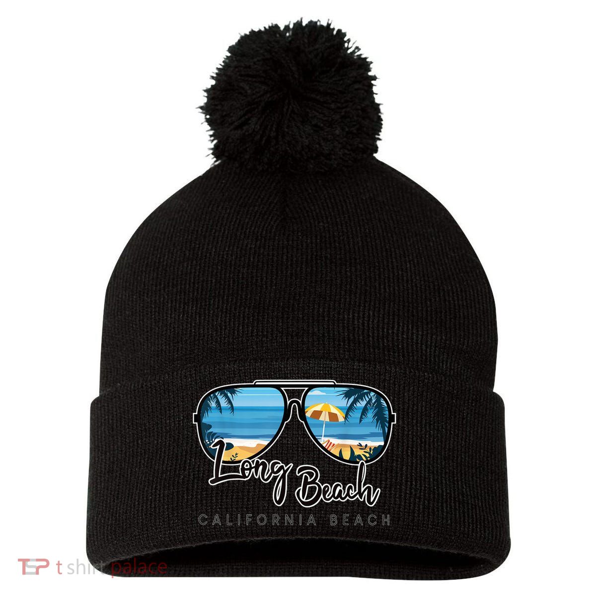 Long Beach California Palm Tree Sunglasses Souvenir Pom Pom 12in Knit Beanie