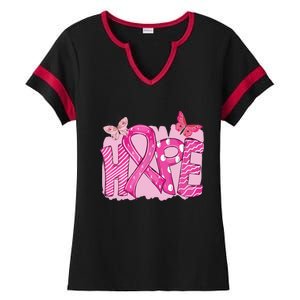 Leopard Breast Cancer Awareness Hope Pink Ribbon Sunflower Gift Ladies Halftime Notch Neck Tee