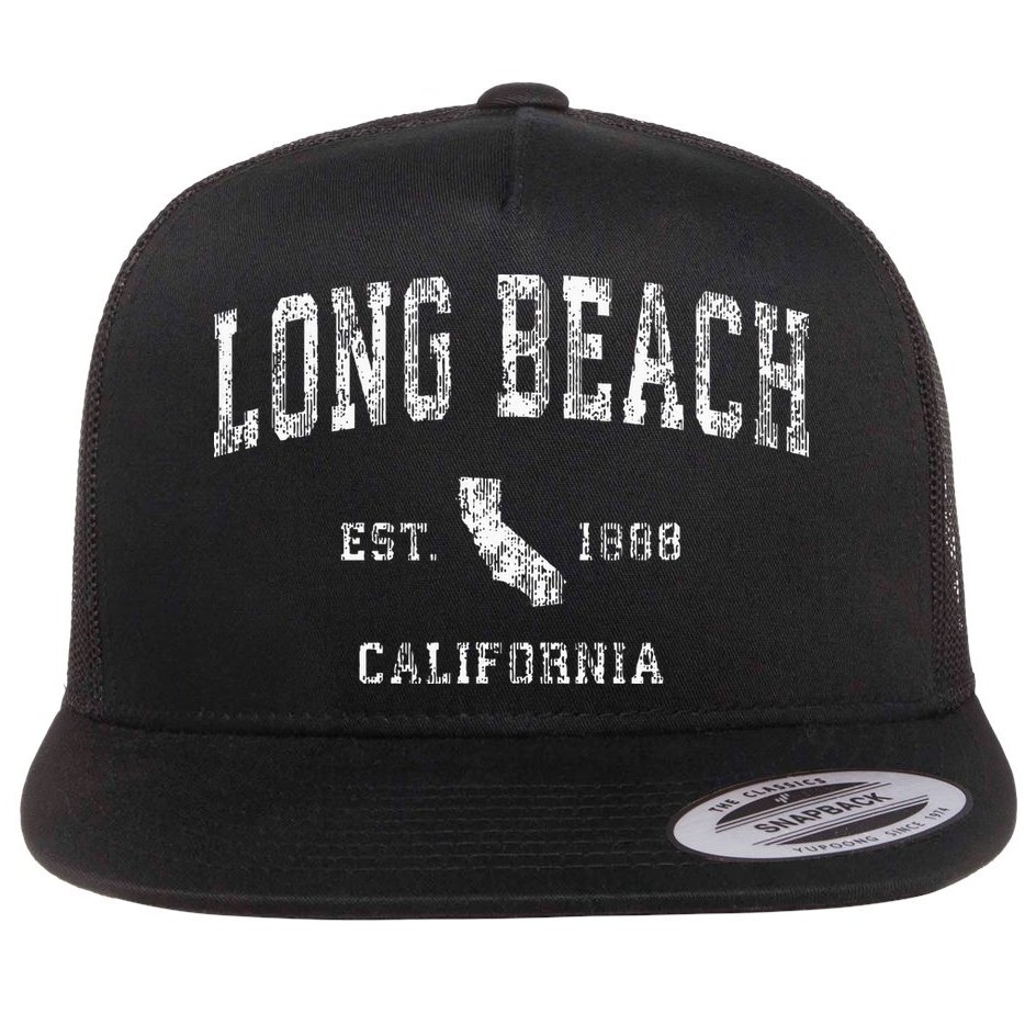 Long Beach California Ca Vintage Athletic Sports Design Flat Bill Trucker Hat