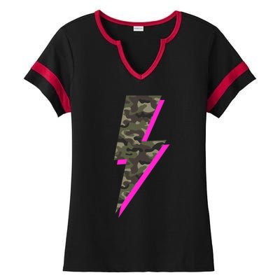 Lightning Bolt Camo Hot Pink Camouflage Graphic Print Gift Ladies Halftime Notch Neck Tee