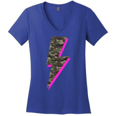 Lightning Bolt Camo Hot Pink Camouflage Graphic Print Gift Women's V-Neck T-Shirt