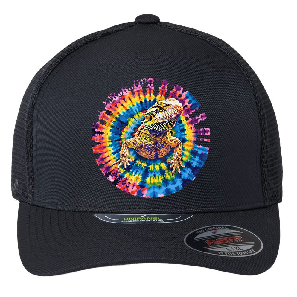 Lizard Bearded Dragon Reptile Tie Dye Spiral Rainbow Cute Flexfit Unipanel Trucker Cap