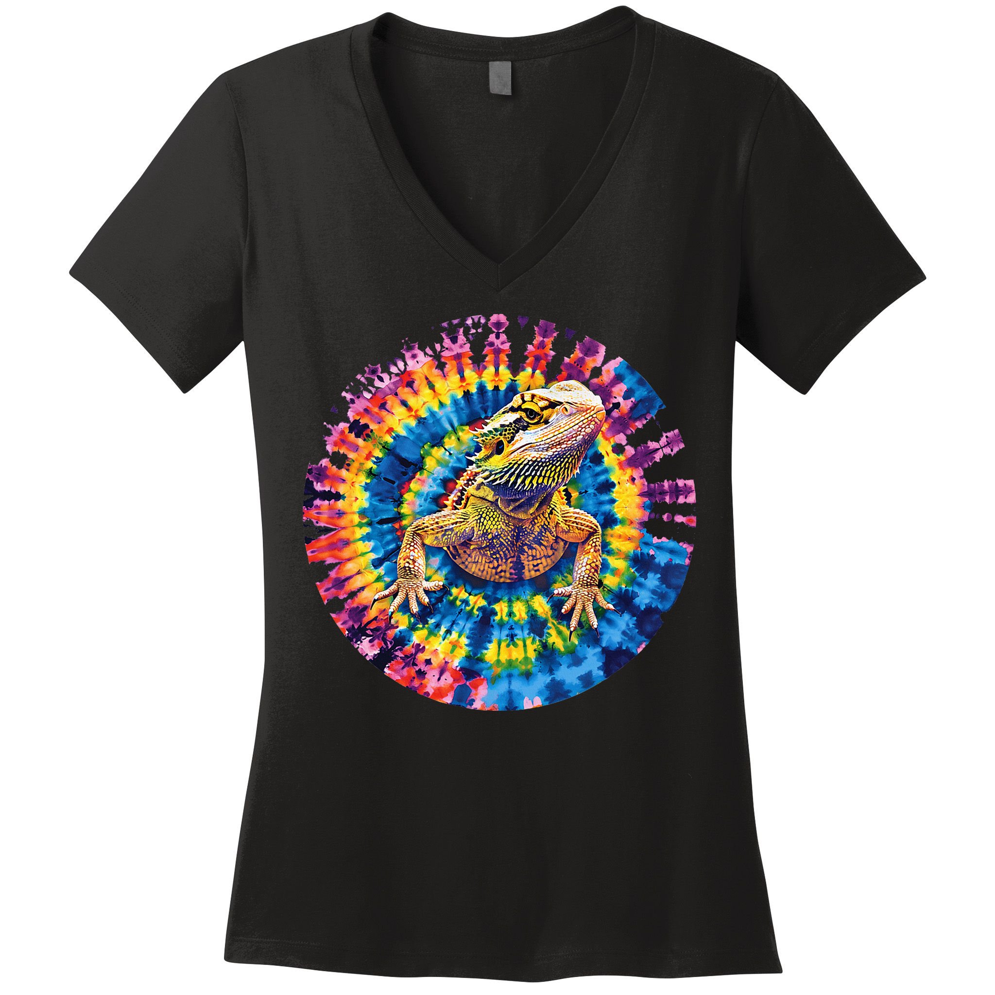 Lizard Bearded Dragon Reptile Tie Dye Spiral Rainbow Cute Women's V-Neck T-Shirt