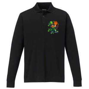 Leprechaun Basketball Dunk St Patricks Day Performance Long Sleeve Polo