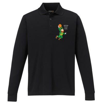 Leprechaun Basketball Dunk St Patricks Day Sports Performance Long Sleeve Polo