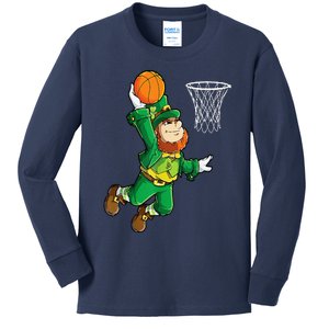 Leprechaun Basketball Dunk St Patricks Day Sports Kids Long Sleeve Shirt