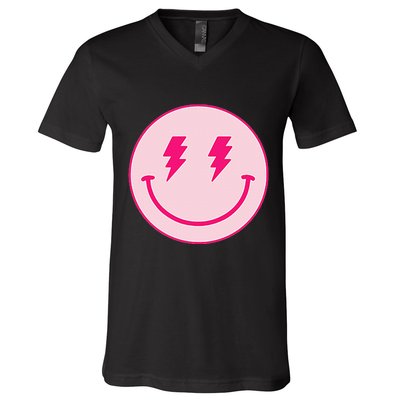 Lightning Bolt Eyes Happy Face V-Neck T-Shirt