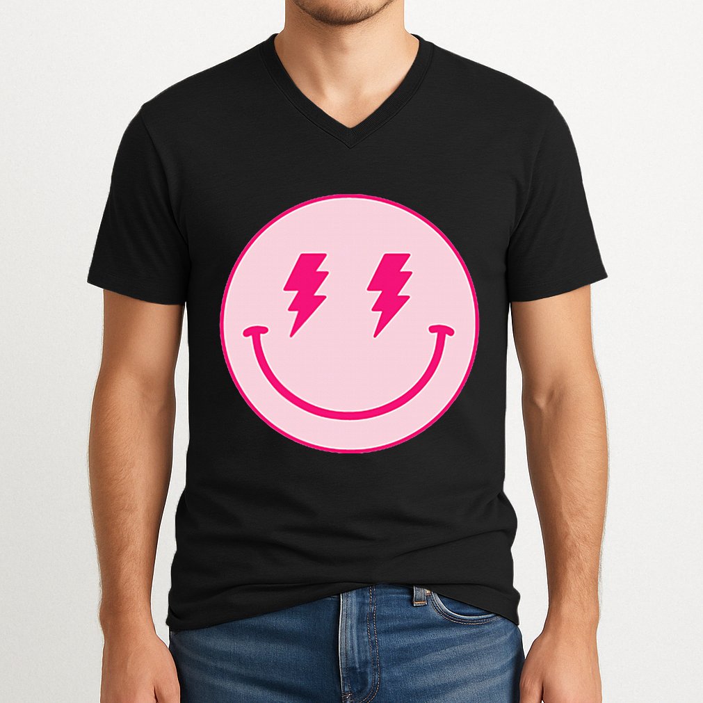 Lightning Bolt Eyes Happy Face V-Neck T-Shirt