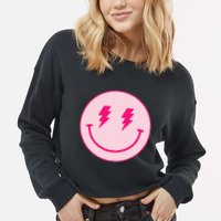 Lightning Bolt Eyes Happy Face Cropped Pullover Crew