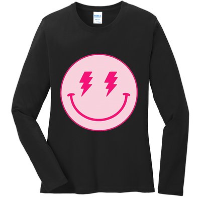 Lightning Bolt Eyes Happy Face Ladies Long Sleeve Shirt