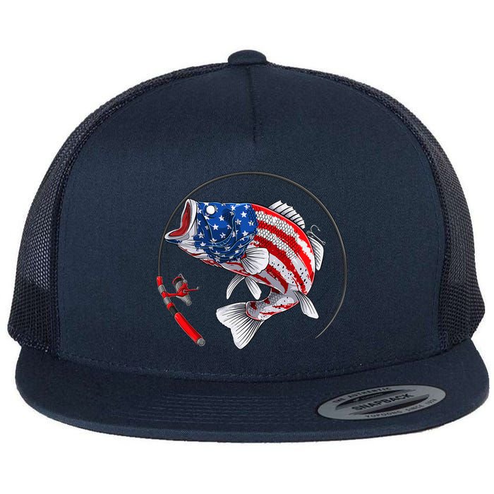 Largemouth Bass Fish USA American Flag Flat Bill Trucker Hat